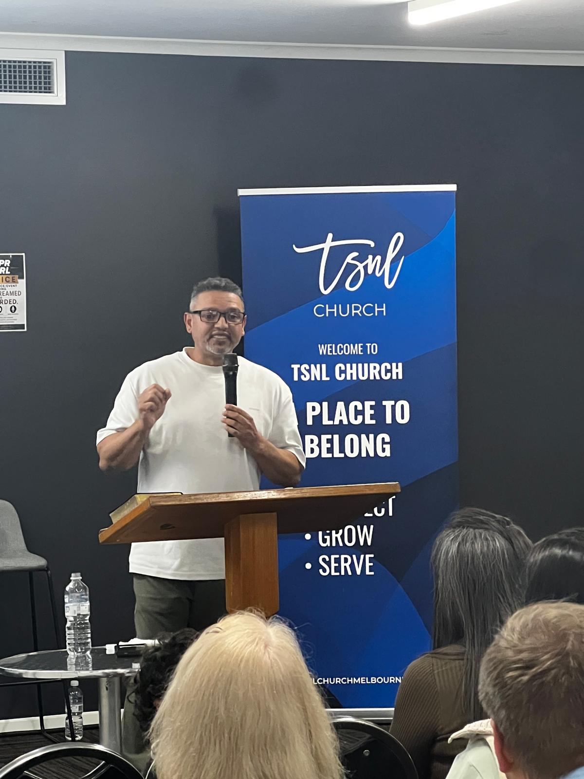 The pastor preaching at a Saturday service at TSNL Church Melbourne